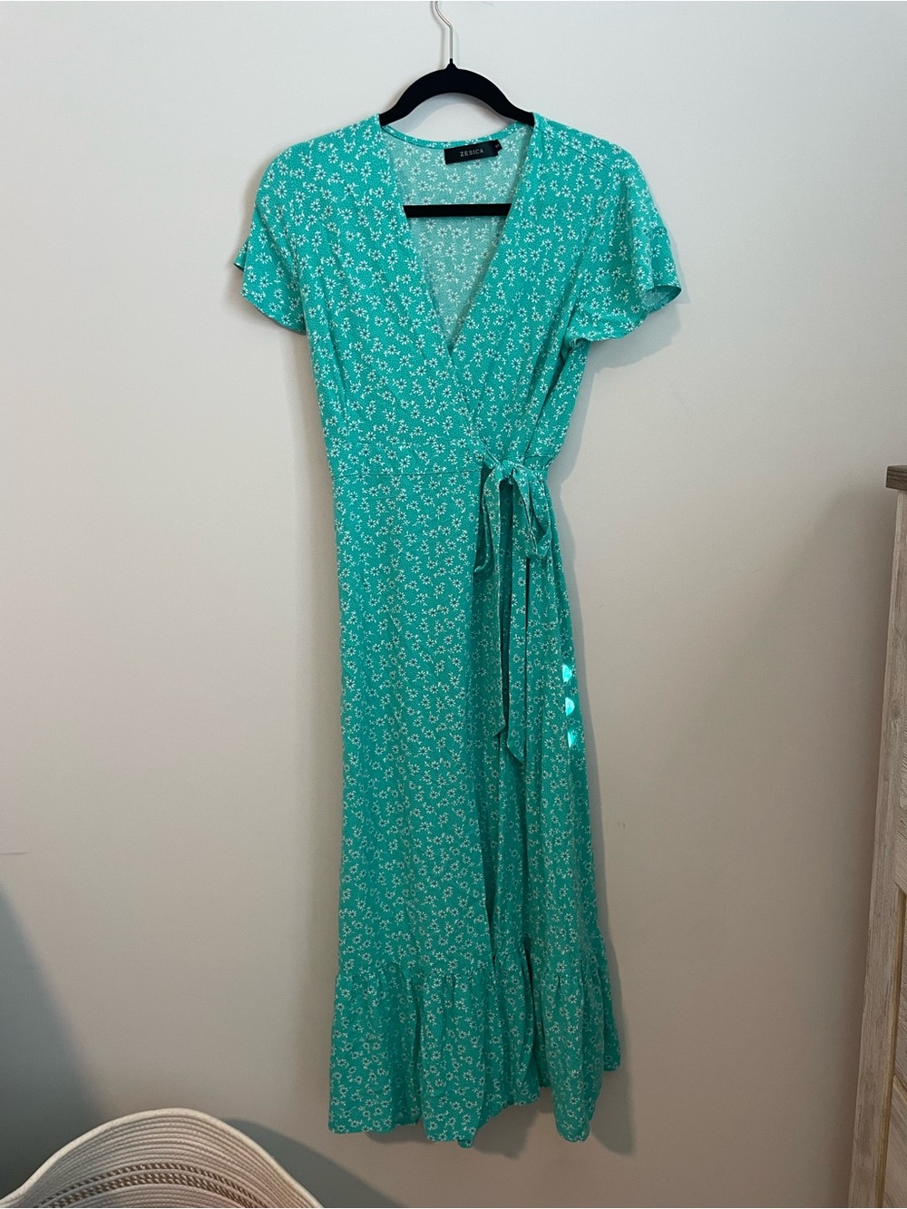 Zesica Aqua Floral Wrap Midi Dress with Ruffle Hem